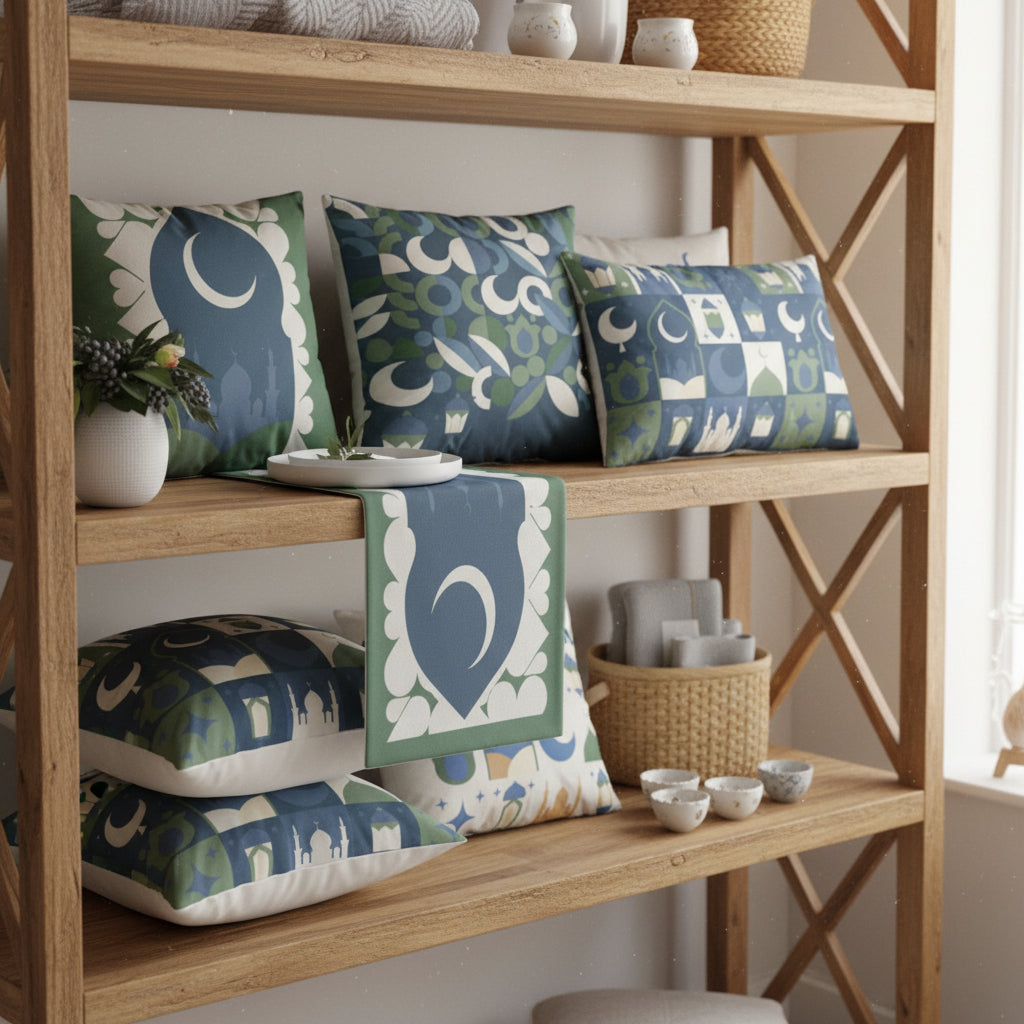 Decorative pillows with blue and green patterns for ramadan and eid home decor