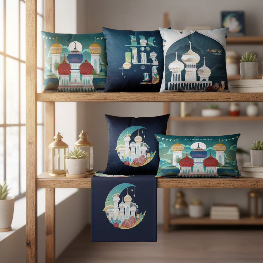 Decorative pillows with architectural designs for ramadan and eid home decor