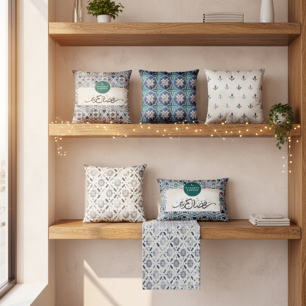 Decorative pillows with patterns and text on a wooden shelf with string lights.