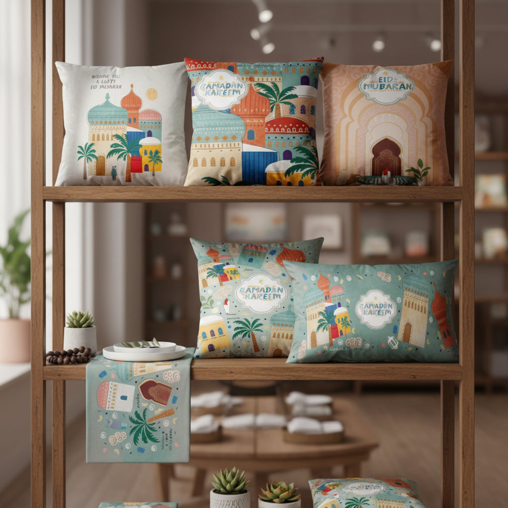 Decorative pillows with cultural designs on a wooden shelf.