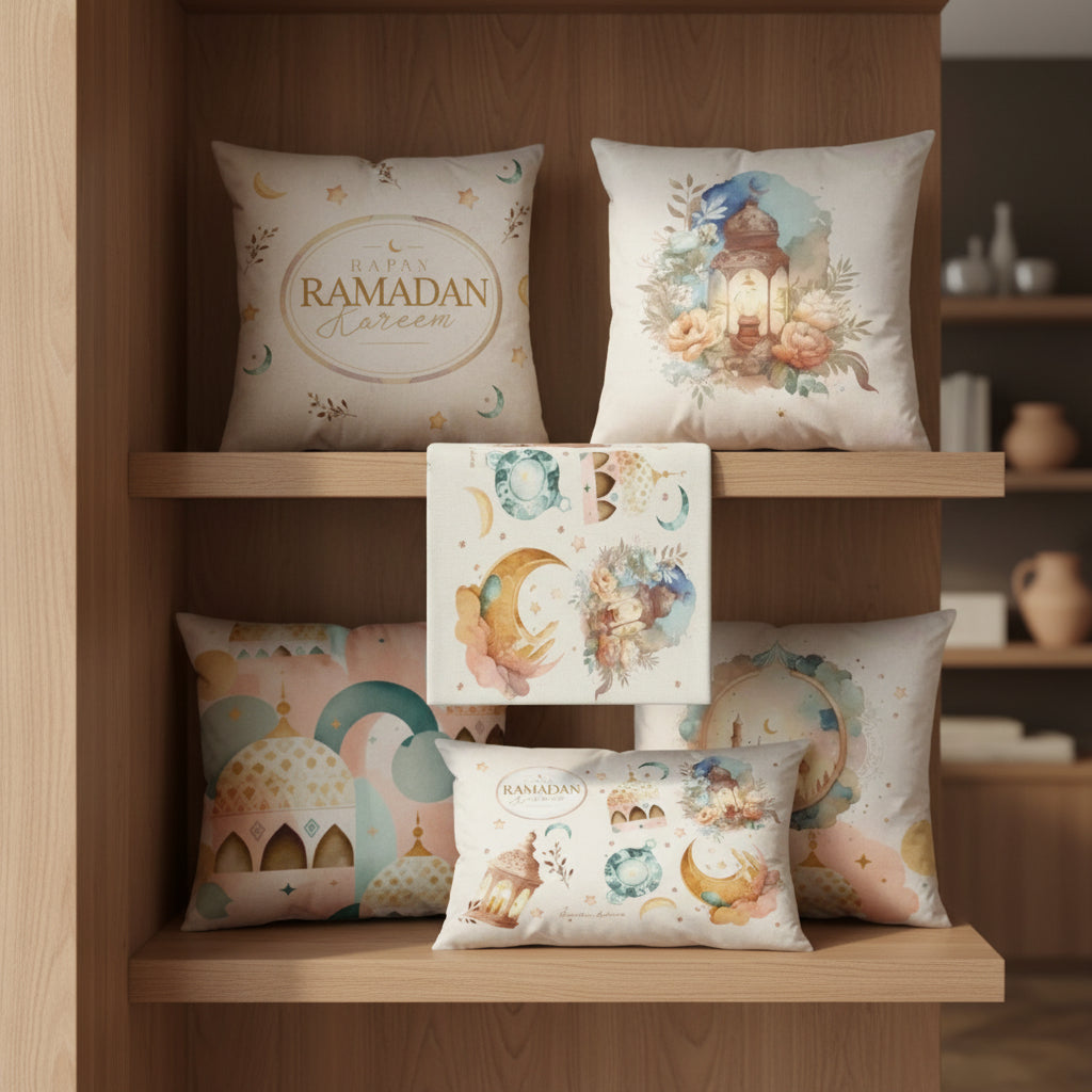 Decorative pillows with Ramadan-themed designs on a wooden shelf.