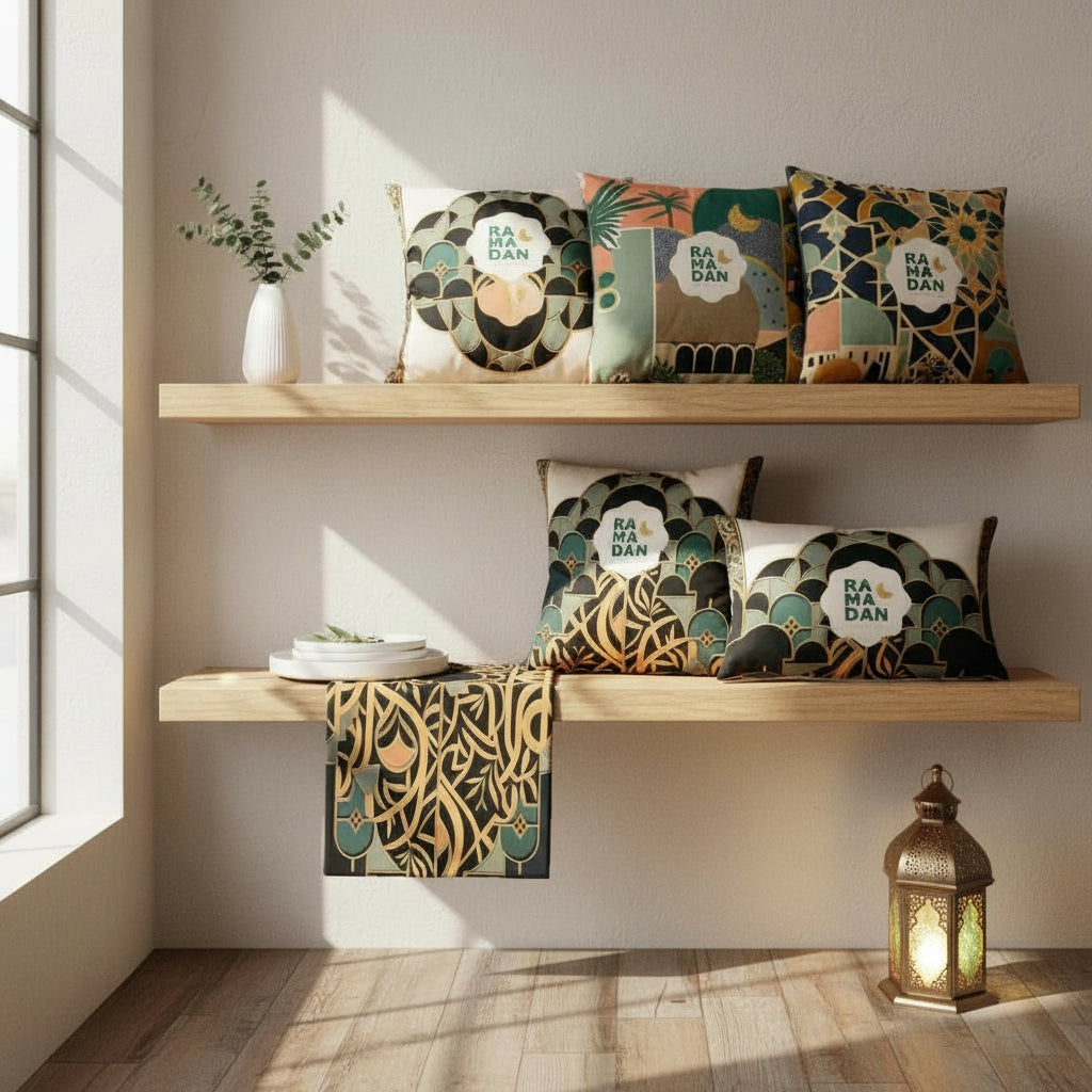 Decorative pillows and a towel on wooden shelves with a lantern and plant in the sunlit room.