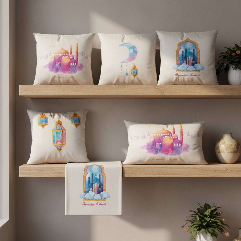 Decorative pillows with Ramadan-themed designs on wooden shelves against a neutral wall.