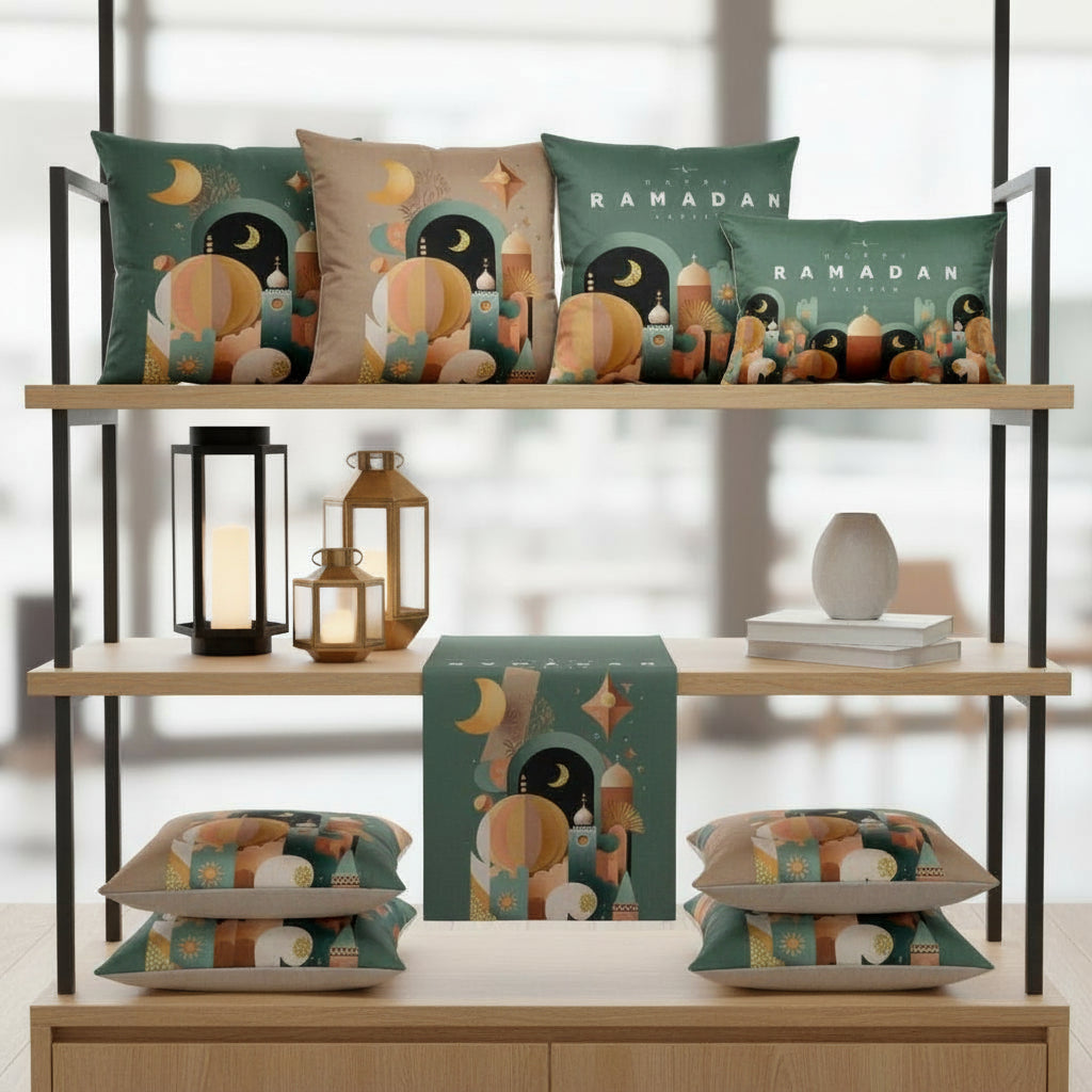 Decorative pillows and box with Ramadan design on a wooden shelf.