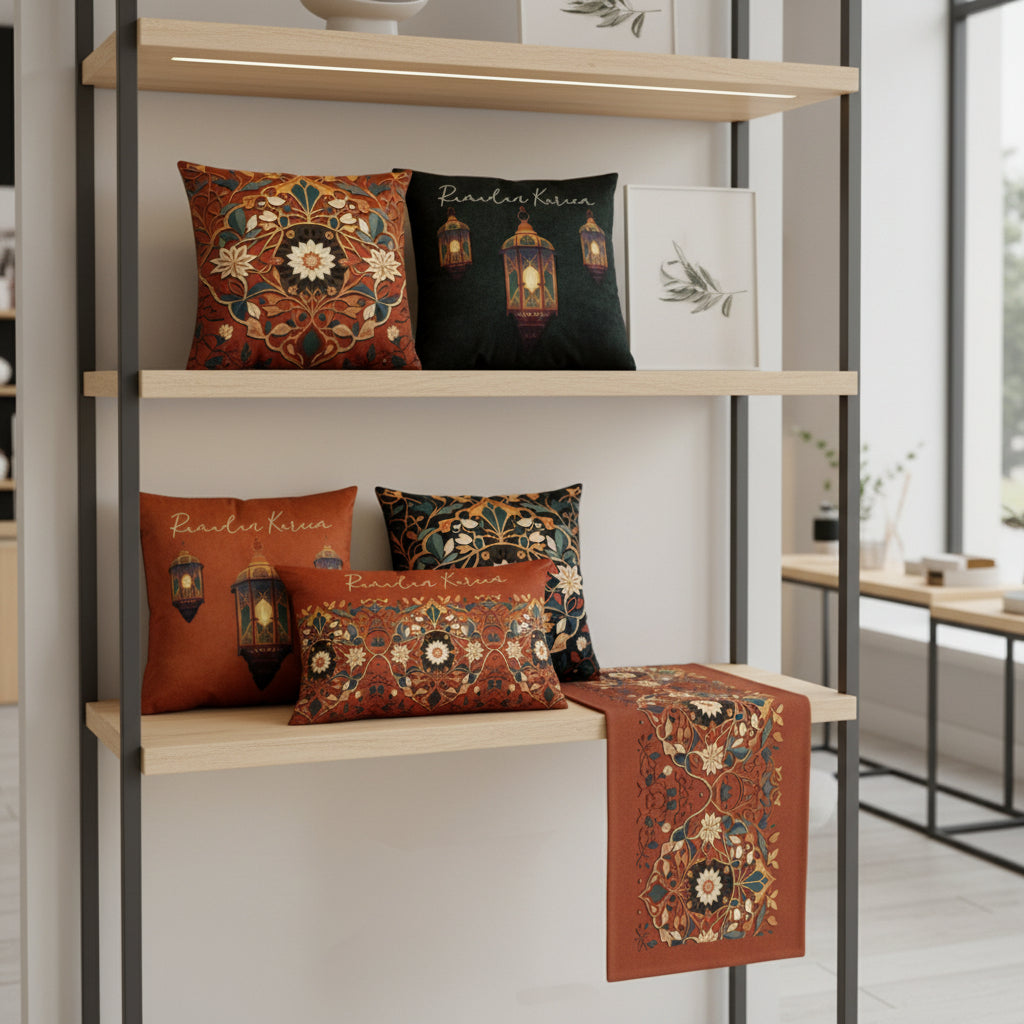Decorative pillows and table runner on a shelf with a modern interior background