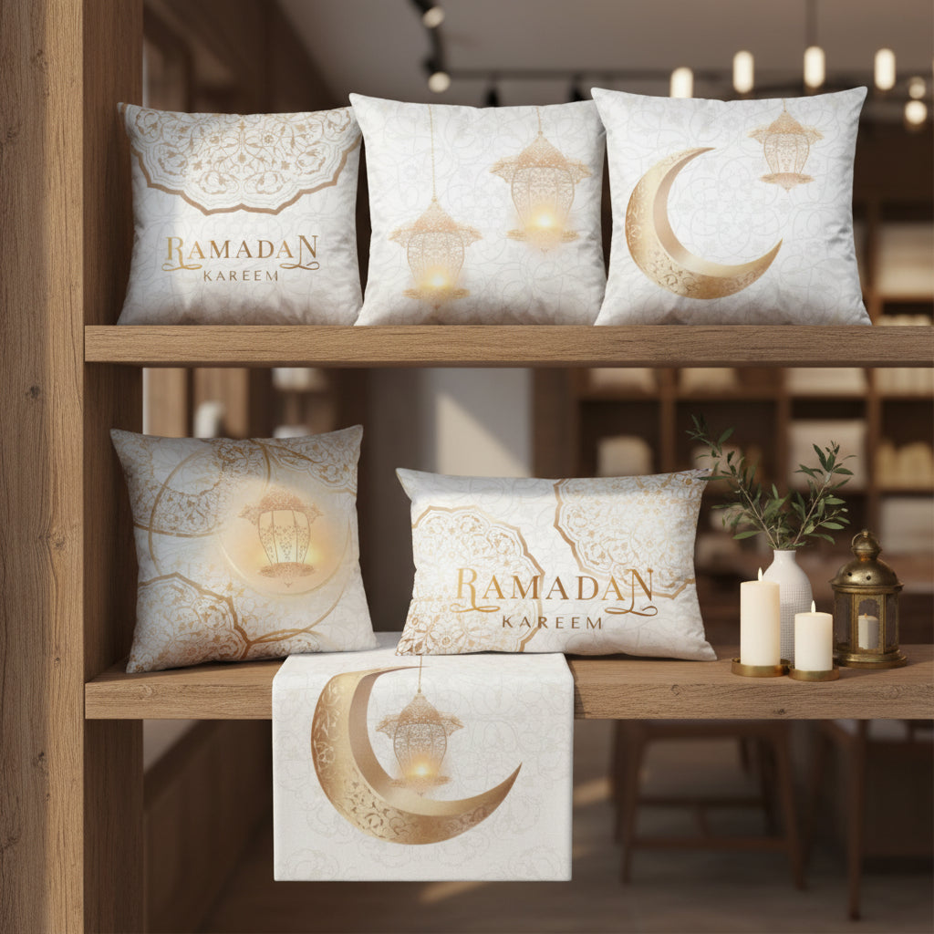Decorative pillows and towel with Ramadan Kareem and moon designs on a wooden shelf.