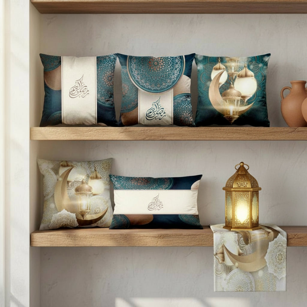 Decorative pillows and lanterns on wooden shelves with a neutral background