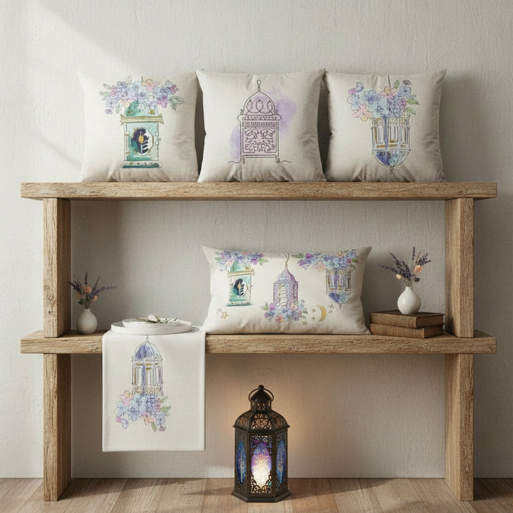 Decorative pillows and towel on a wooden shelf with a lantern and books.