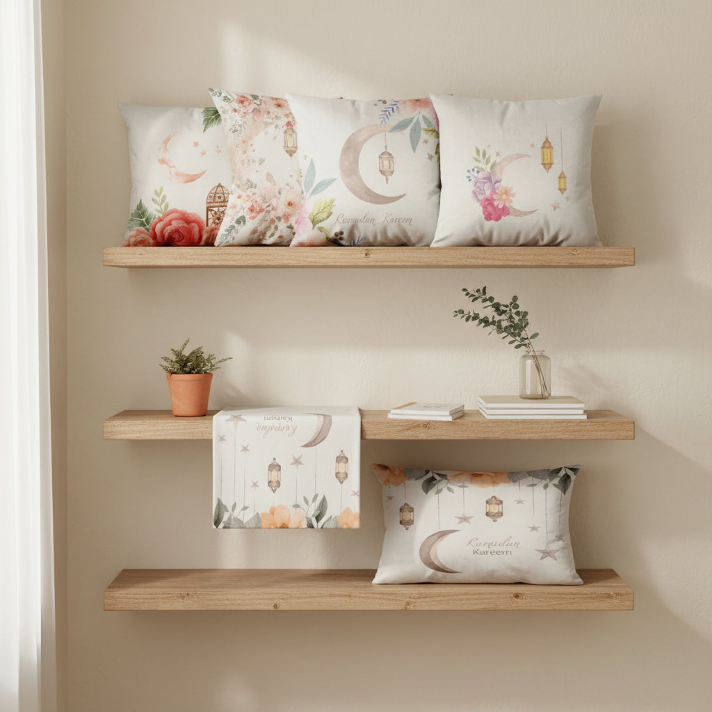 Decorative pillows and towels on wooden shelves against a beige wall.