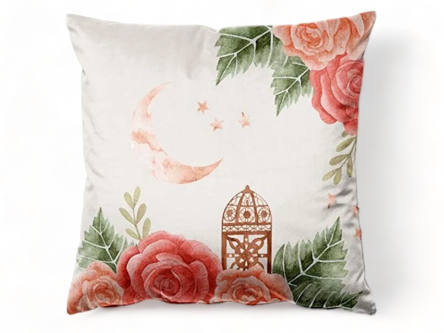 Decorative pillow with floral design and arch on a white background