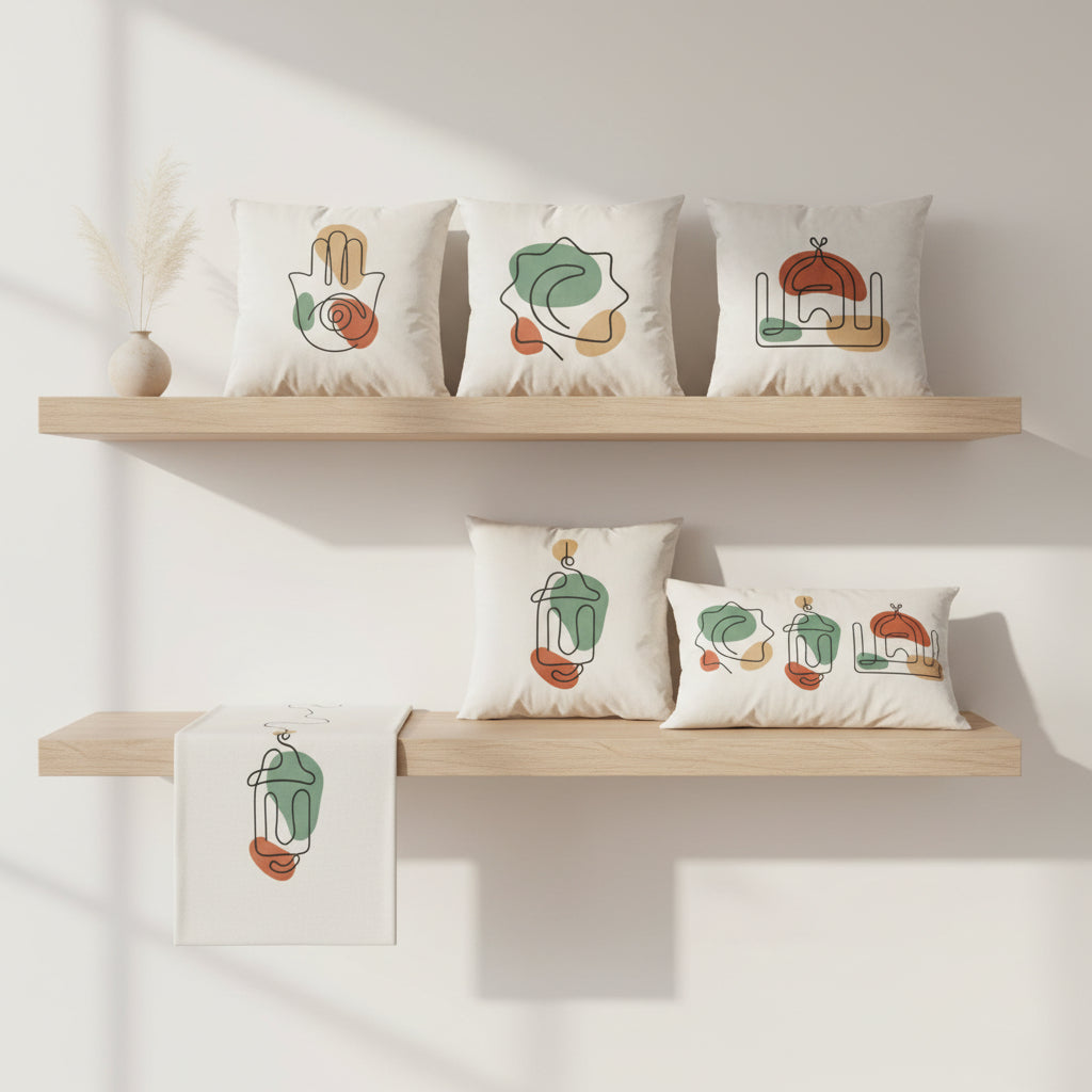 Set of pillows with decorative designs on a wooden shelf against a white wall.