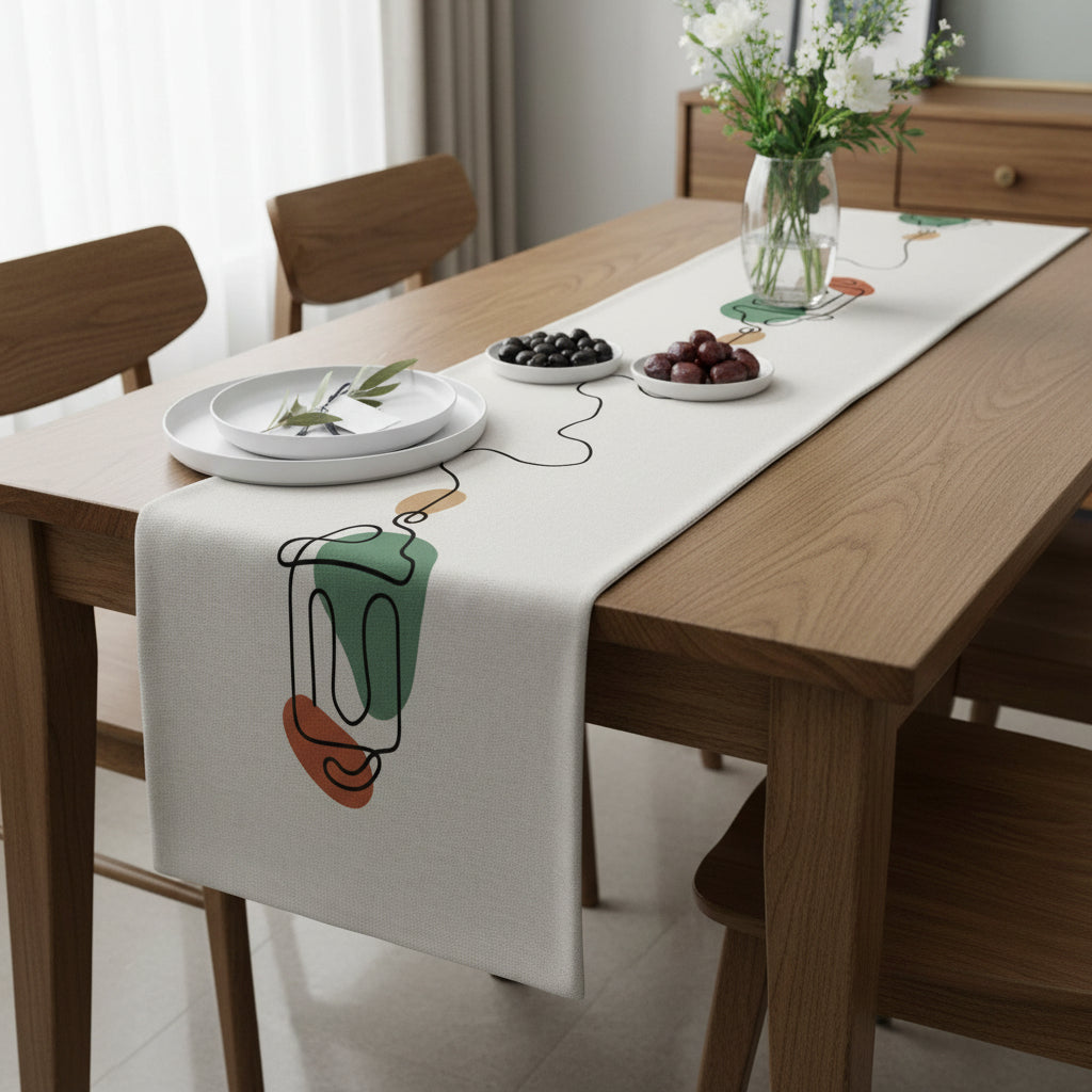Dining table with a decorative table runner featuring a cartoon design, set with plates and fruit.